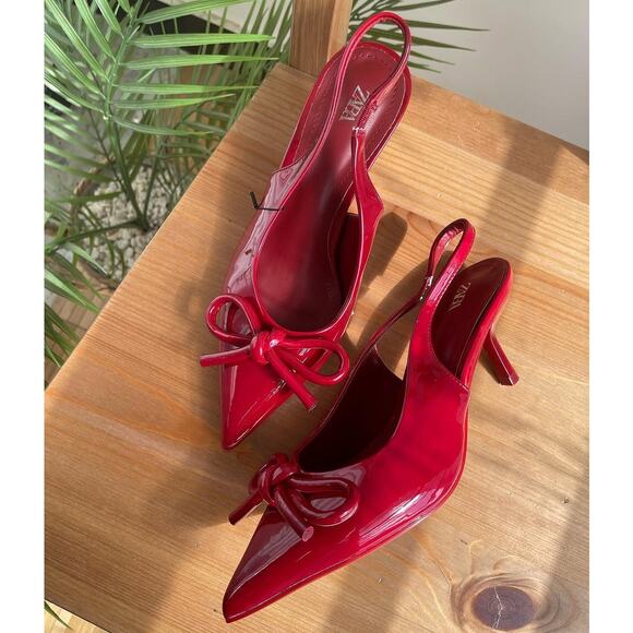 ZARA Patent Pointed Toe Slingback Heels NWT – Red Bow Pumps, Size 6.5–10 - Picture 12 of 16